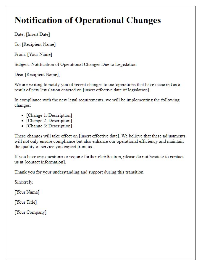 Letter template of notification for operational changes due to legislation