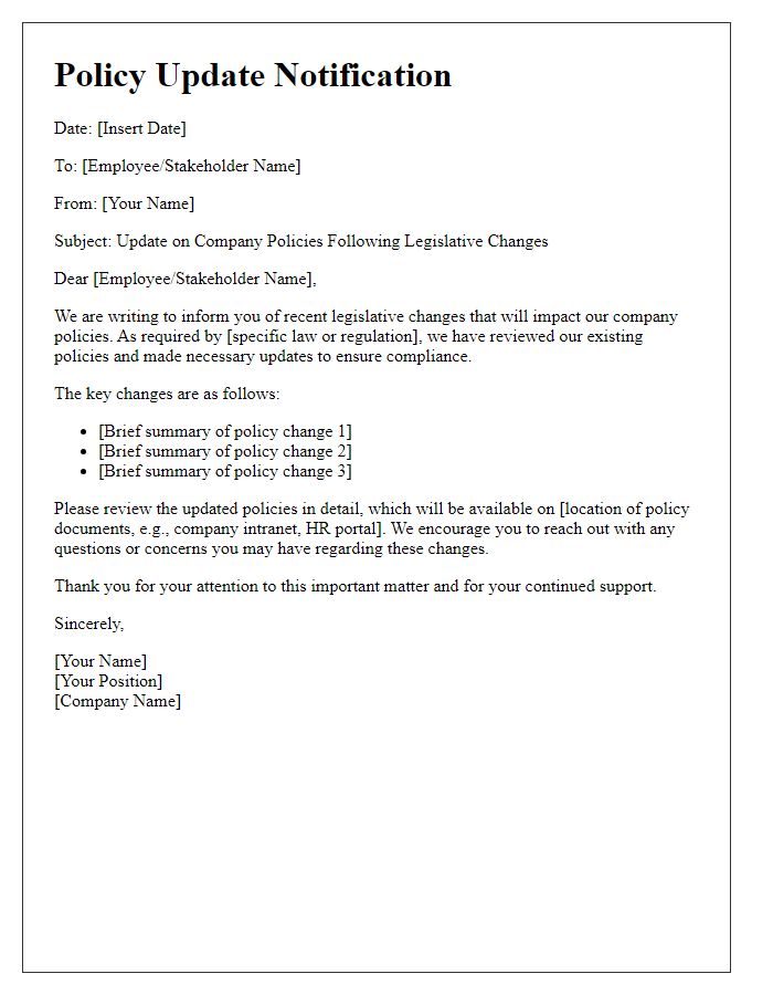 Letter template of policy update regarding legislative changes