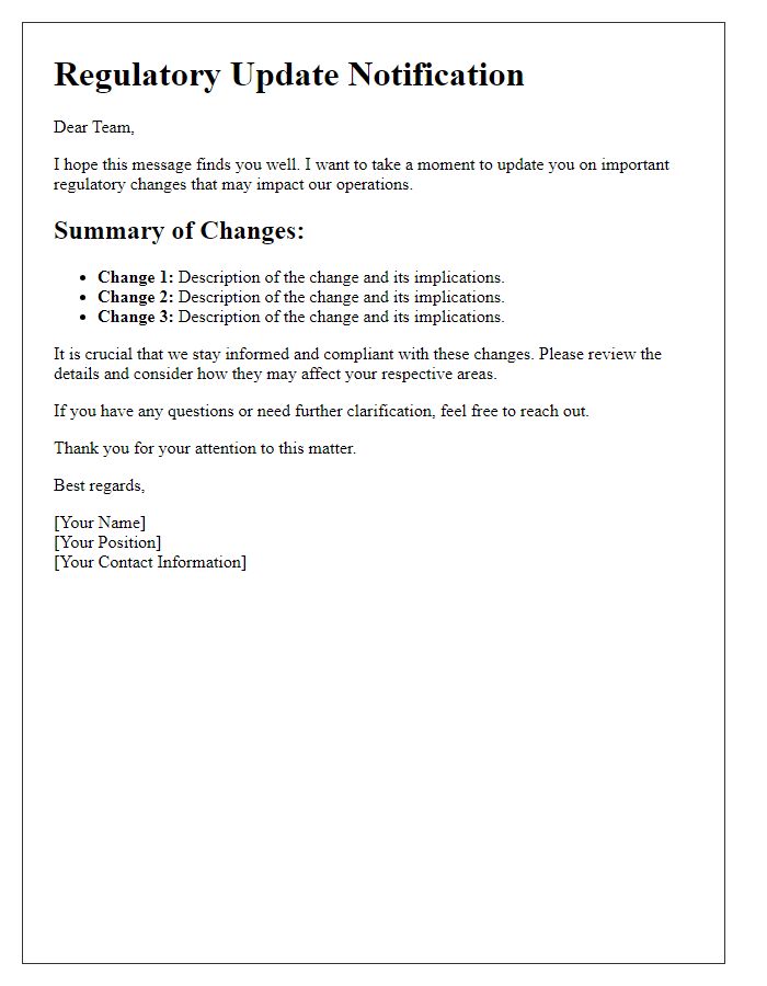 Letter template of regulatory update communication for team members