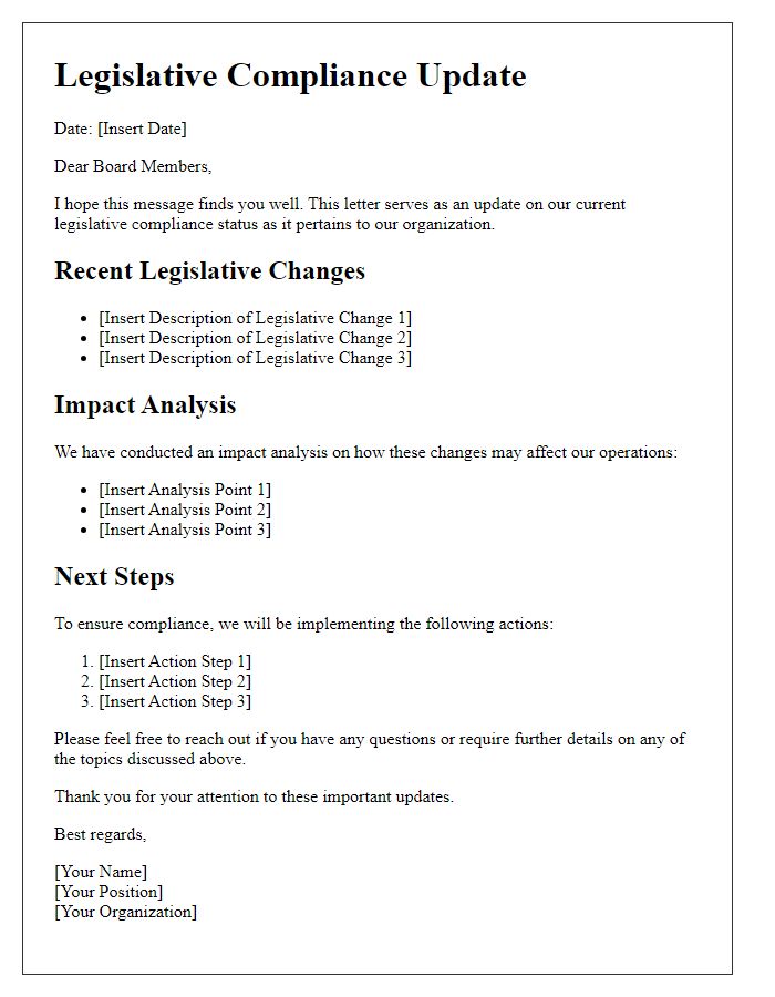 Letter template of updates on legislative compliance for board members