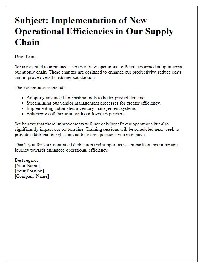 Letter template of new operational efficiencies in supply chain