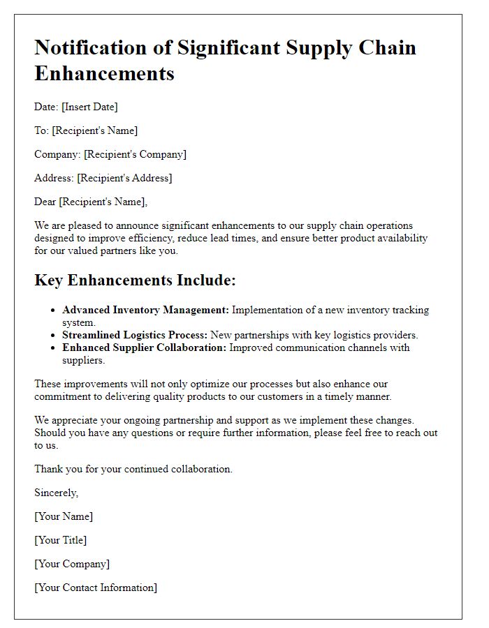 Letter template of significant supply chain enhancements notification