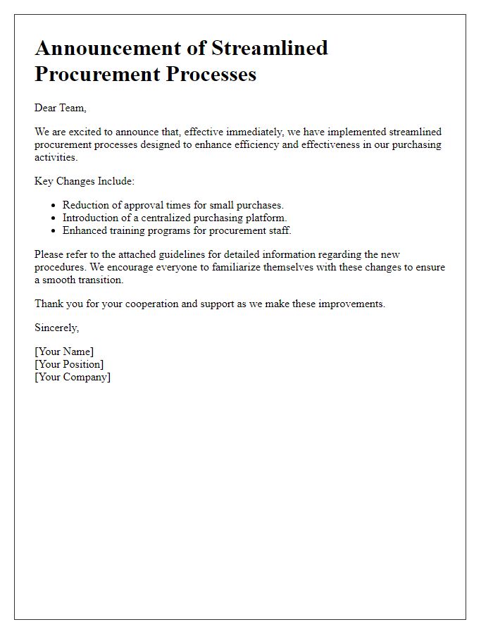 Letter template of streamlined procurement processes announcement