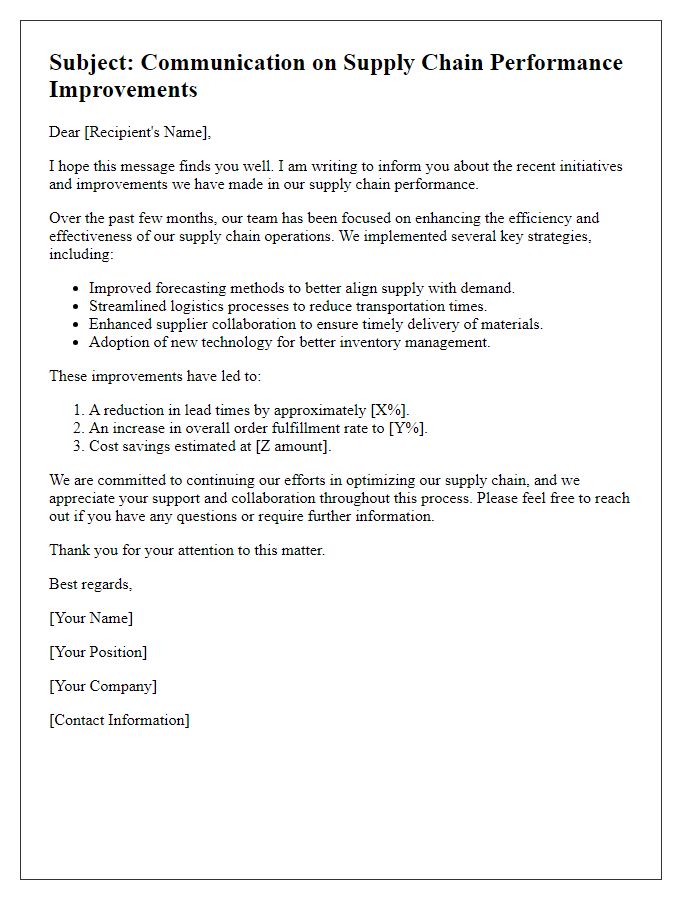 Letter template of supply chain performance improvements communication