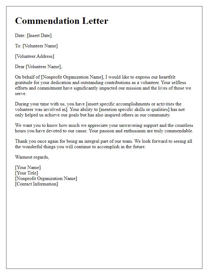 Letter template of commendation for nonprofit volunteers