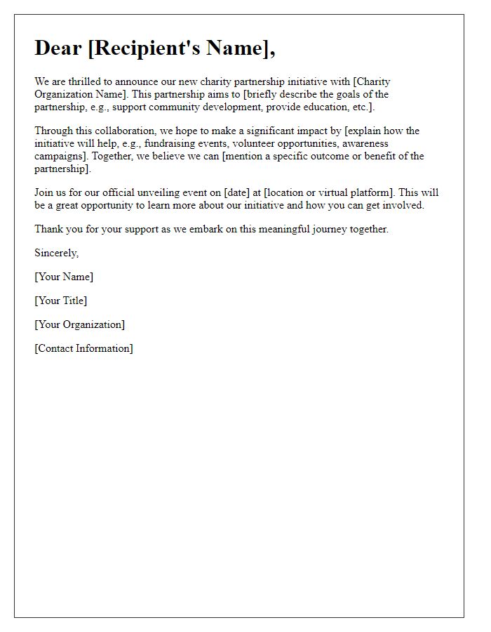 Letter template of unveiling our charity partnership initiative.