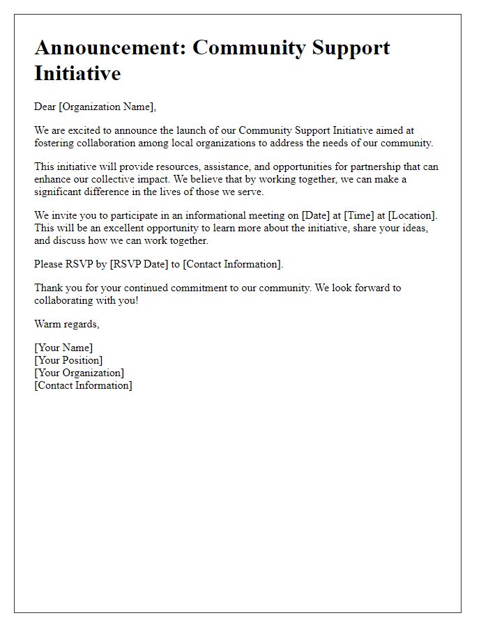 Letter template of community support initiative announcement for local organizations