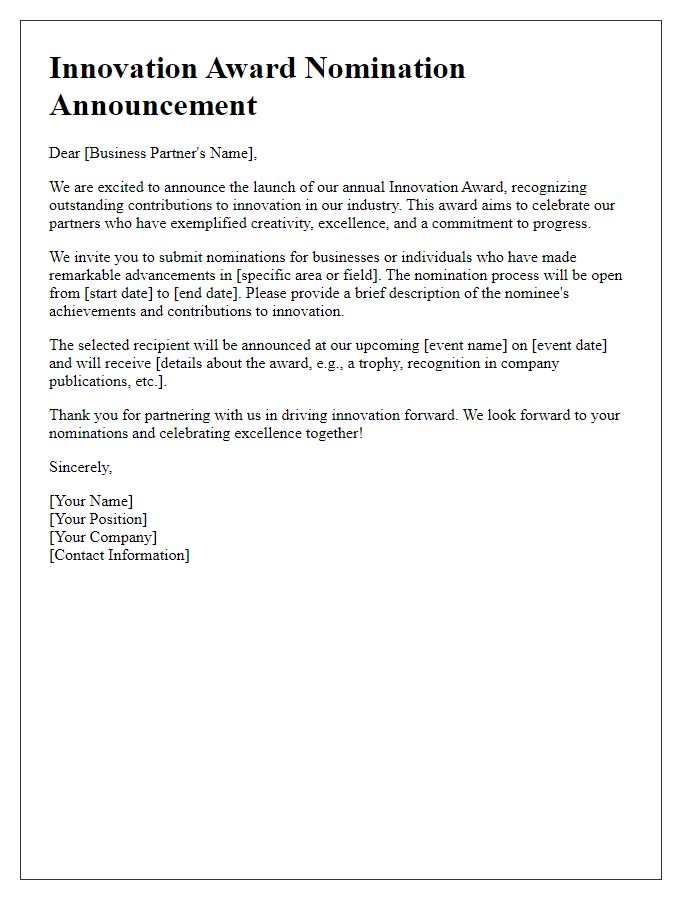 Letter template of innovation award nomination announcement for business partners.