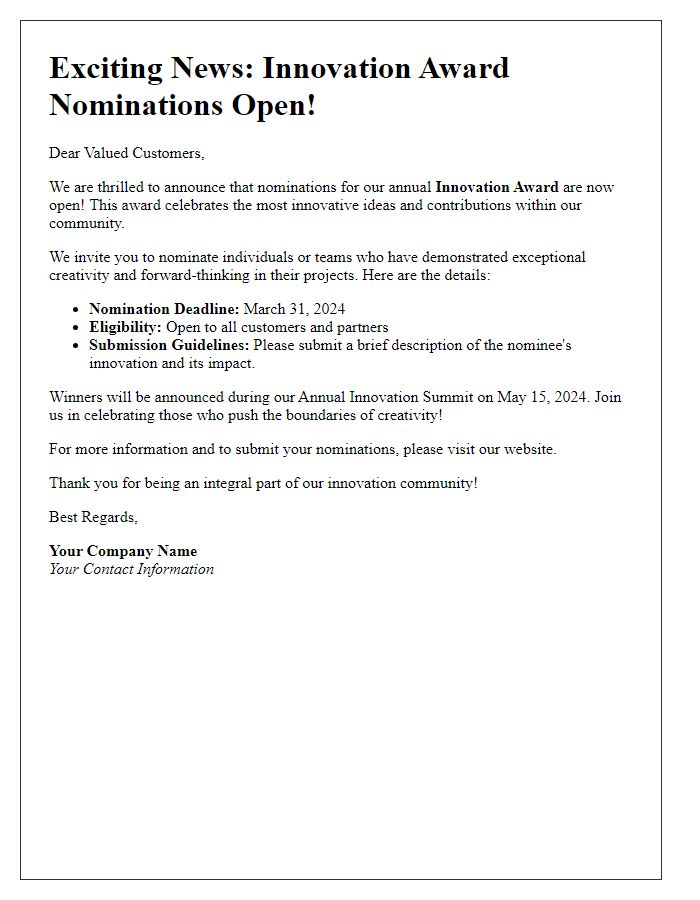 Letter template of innovation award nomination announcement for customers.