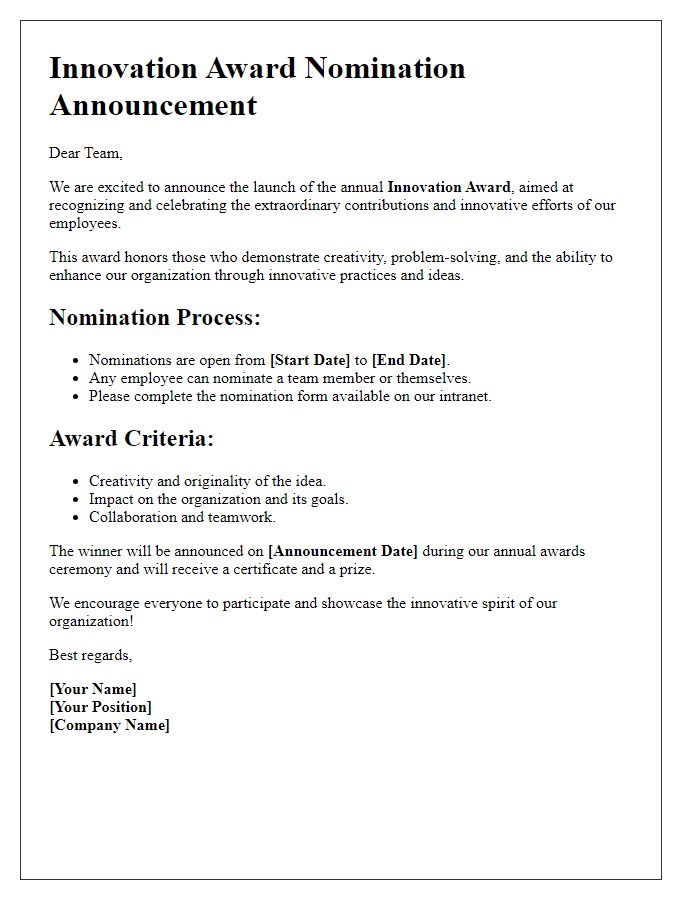 Letter template of innovation award nomination announcement for employees.