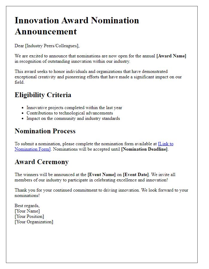 Letter template of innovation award nomination announcement for industry peers.