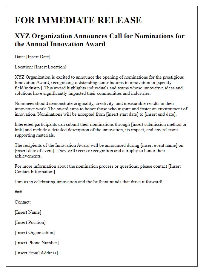 Letter template of innovation award nomination announcement for a press release.