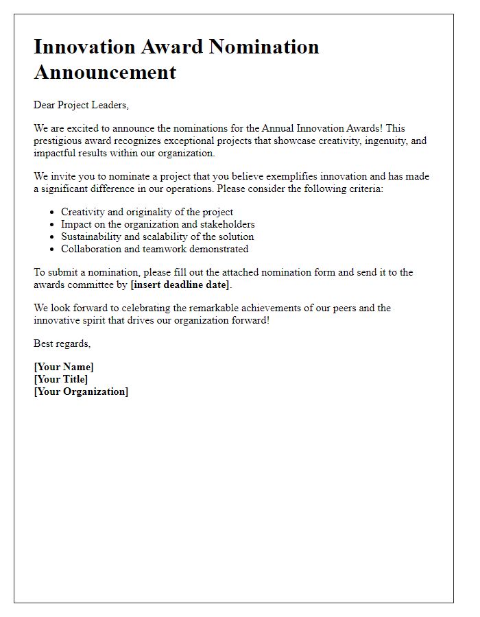 Letter template of innovation award nomination announcement for project leaders.