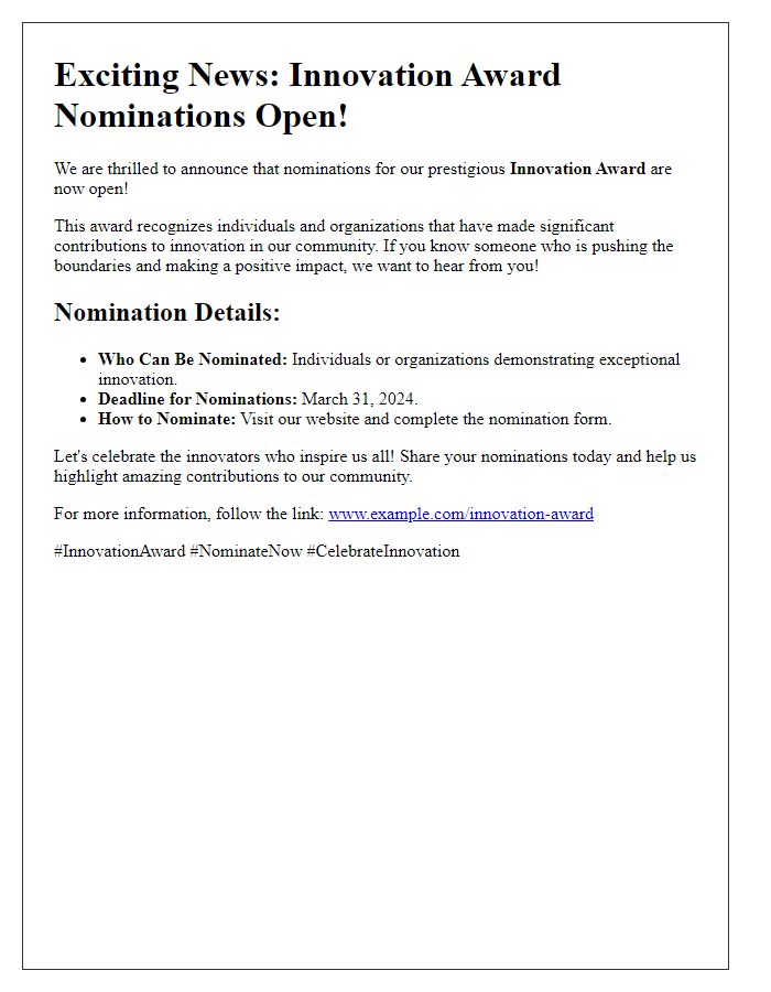 Letter template of innovation award nomination announcement for social media.