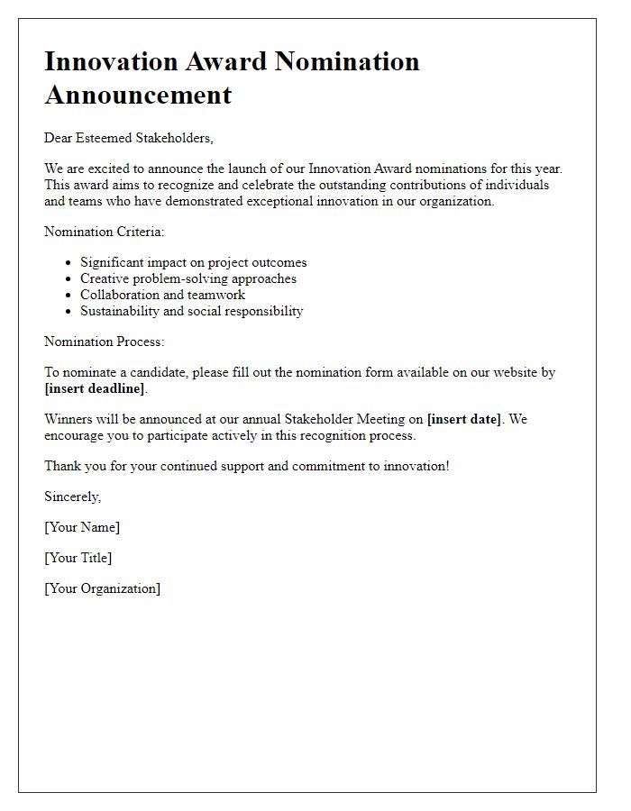 Letter template of innovation award nomination announcement for stakeholders.