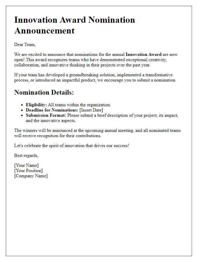 Letter template of innovation award nomination announcement for teams.