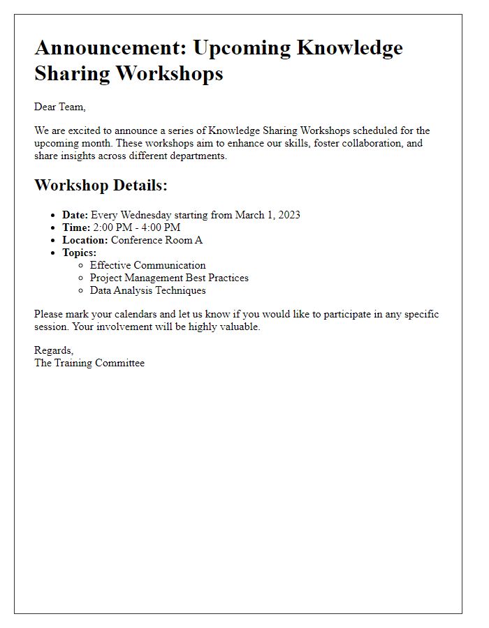 Letter template of Announcement for Upcoming Knowledge Sharing Workshops