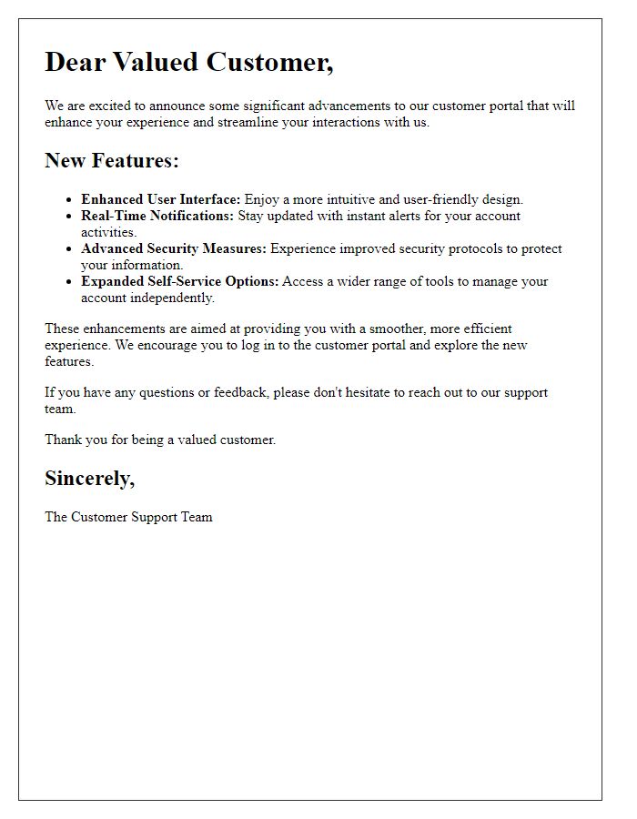 Letter template of customer portal advancements
