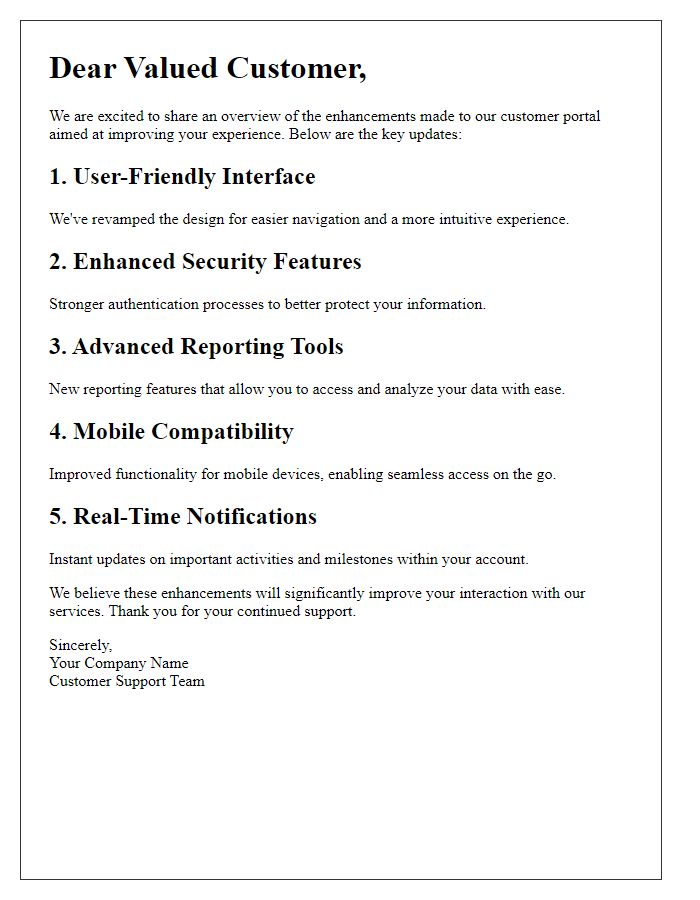 Letter template of customer portal enhancements overview