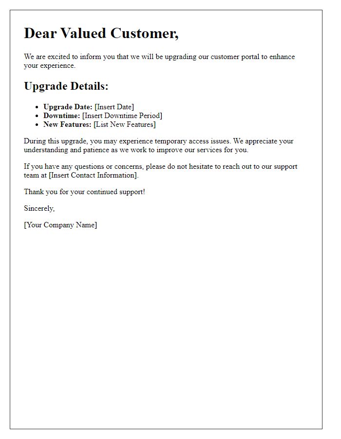 Letter template of customer portal upgrade notification