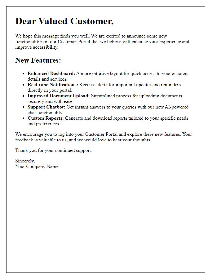 Letter template of new functionalities in customer portal