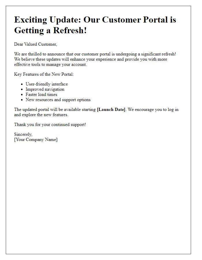 Letter template of refreshed customer portal announcement
