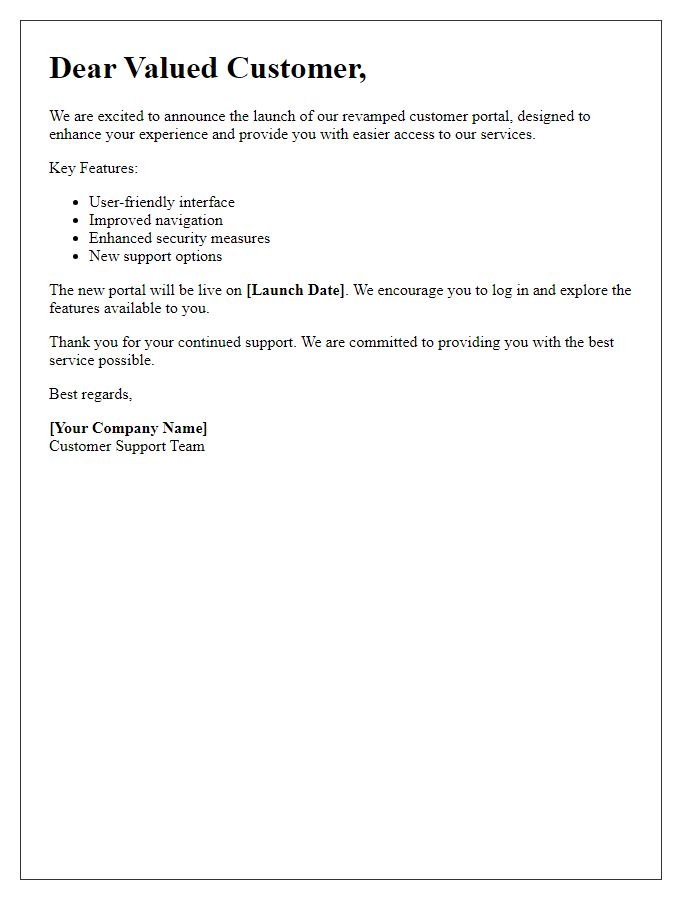 Letter template of revamped customer portal release