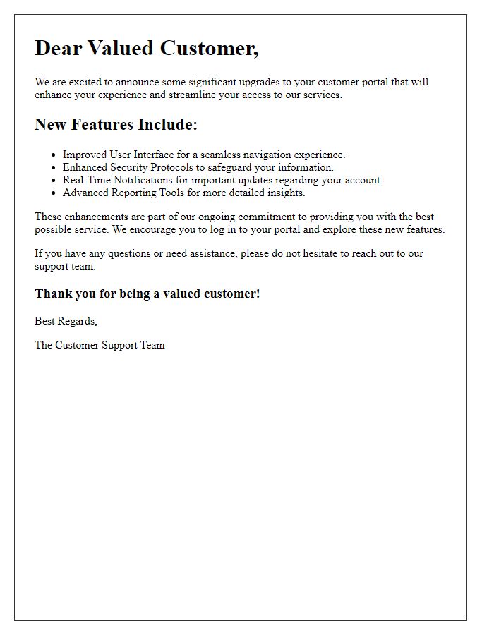 Letter template of upgraded customer portal features