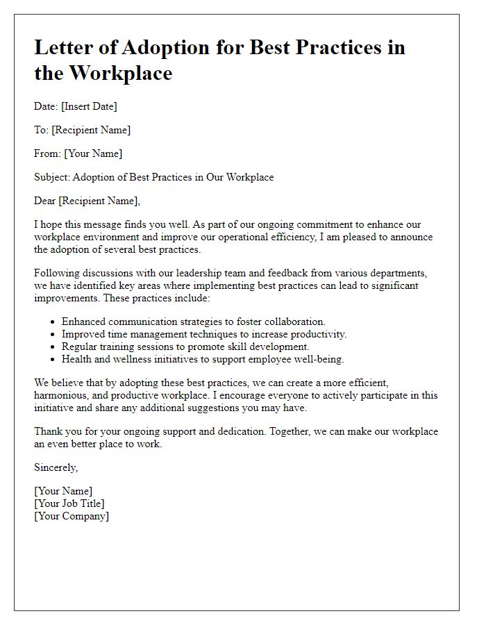 Letter template of adopting best practices in the workplace