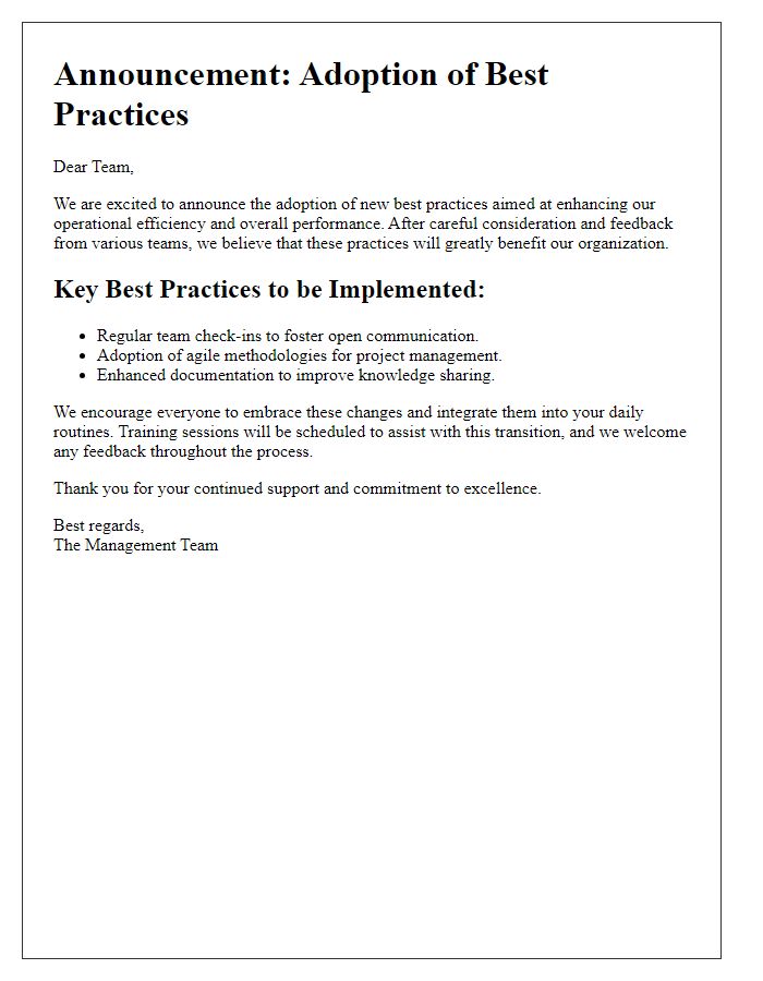 Letter template of announcement for best practices adoption