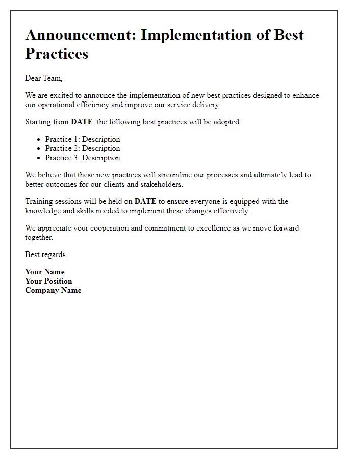 Letter template of best practices implementation announcement