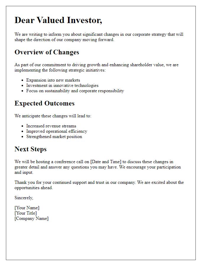 Letter template of corporate strategy changes for investor notification