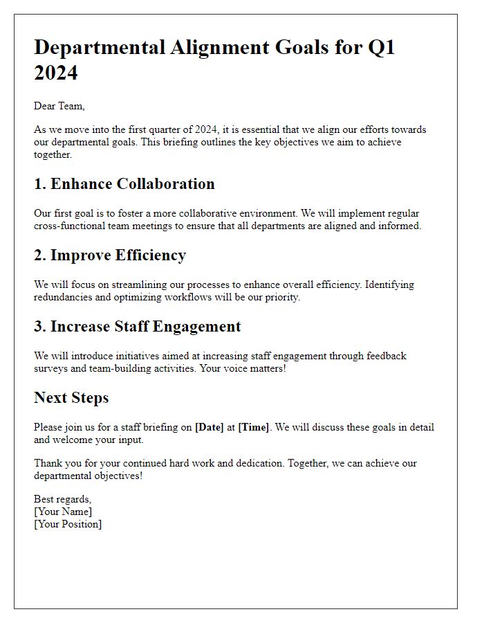 Letter template of departmental alignment goals for staff briefing