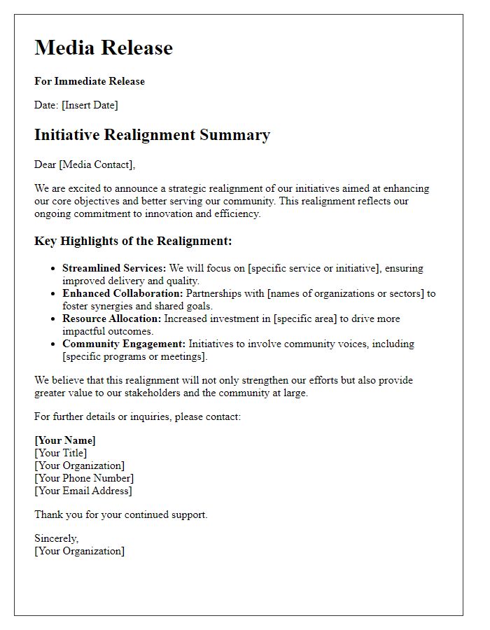 Letter template of initiative realignment summary for media release