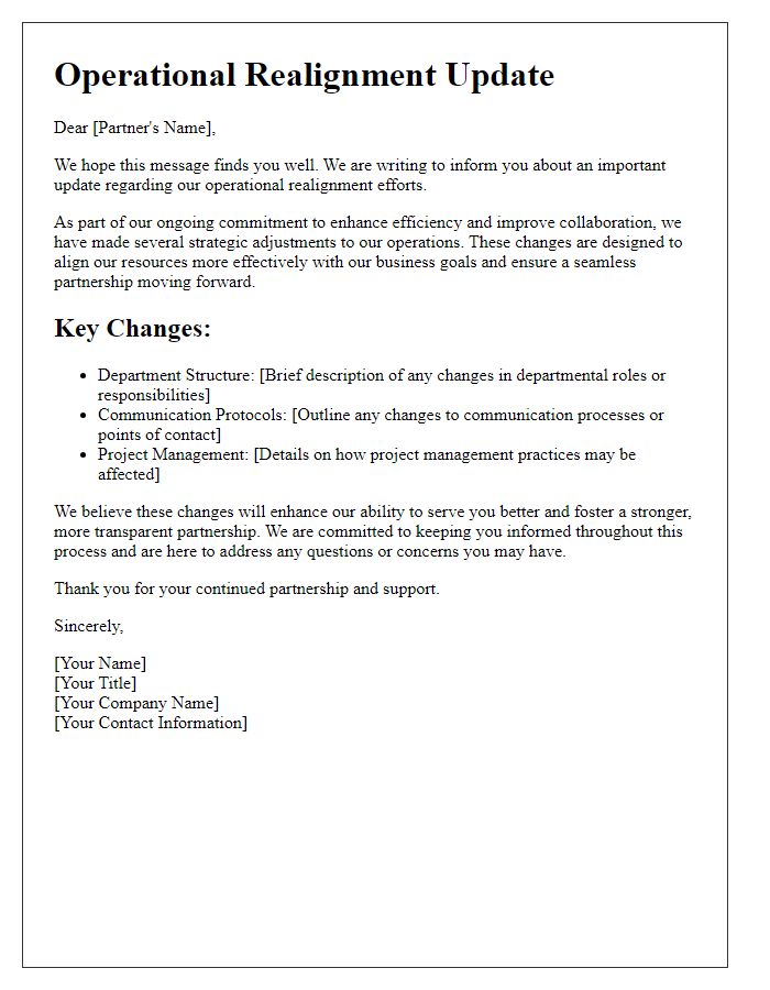 Letter template of operational realignment update for partner transparency