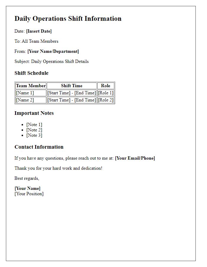 Letter template of daily operations shift information for teams