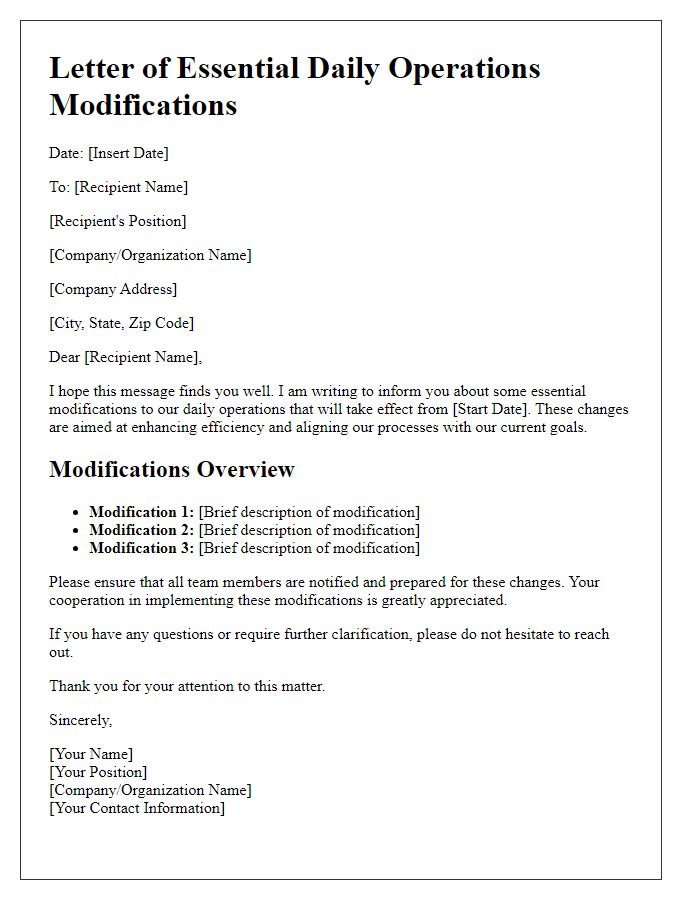 Letter template of essential daily operations modifications