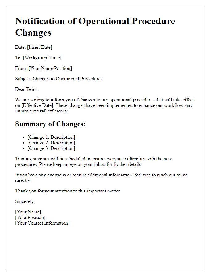 Letter template of operational procedure changes for workgroups