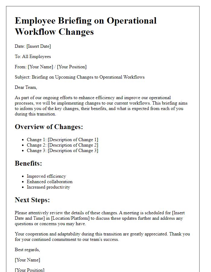 Letter template of operational workflow changes for employee briefing