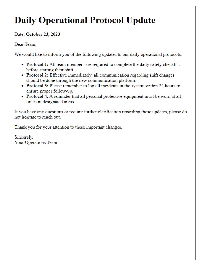 Letter template of updates on daily operational protocols