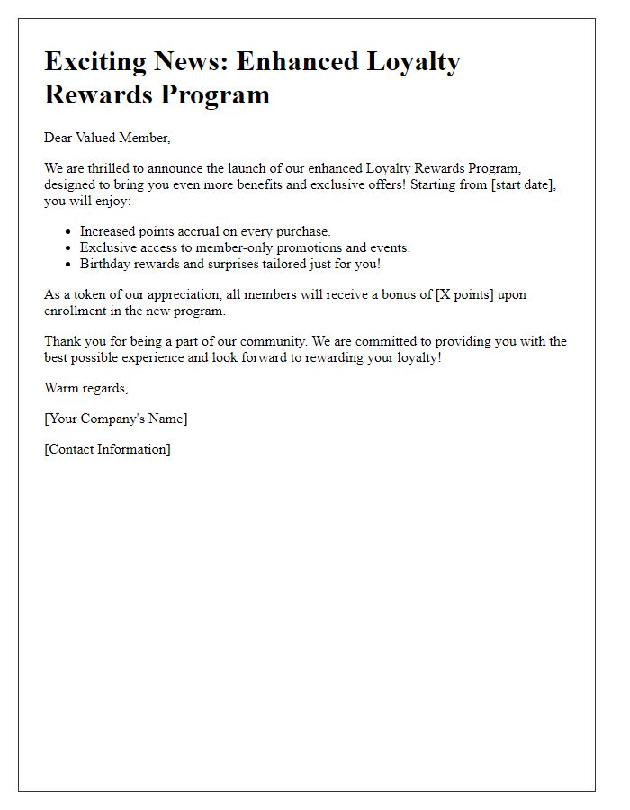 Letter template of enhanced loyalty rewards program announcement