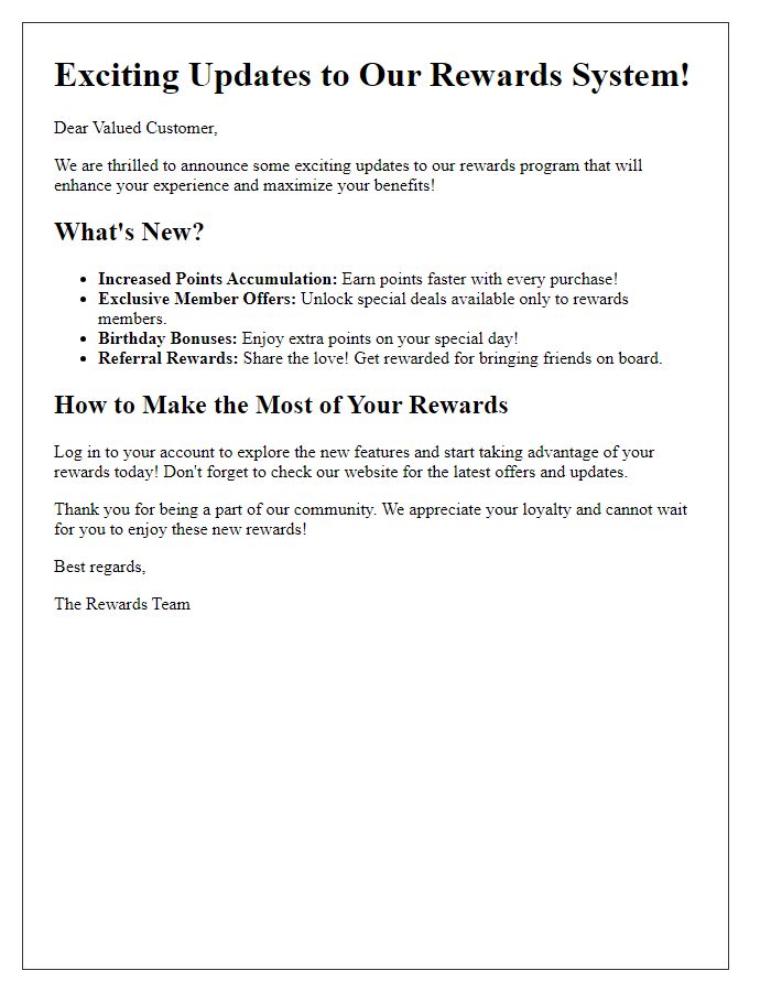 Letter template of exciting updates to our rewards system
