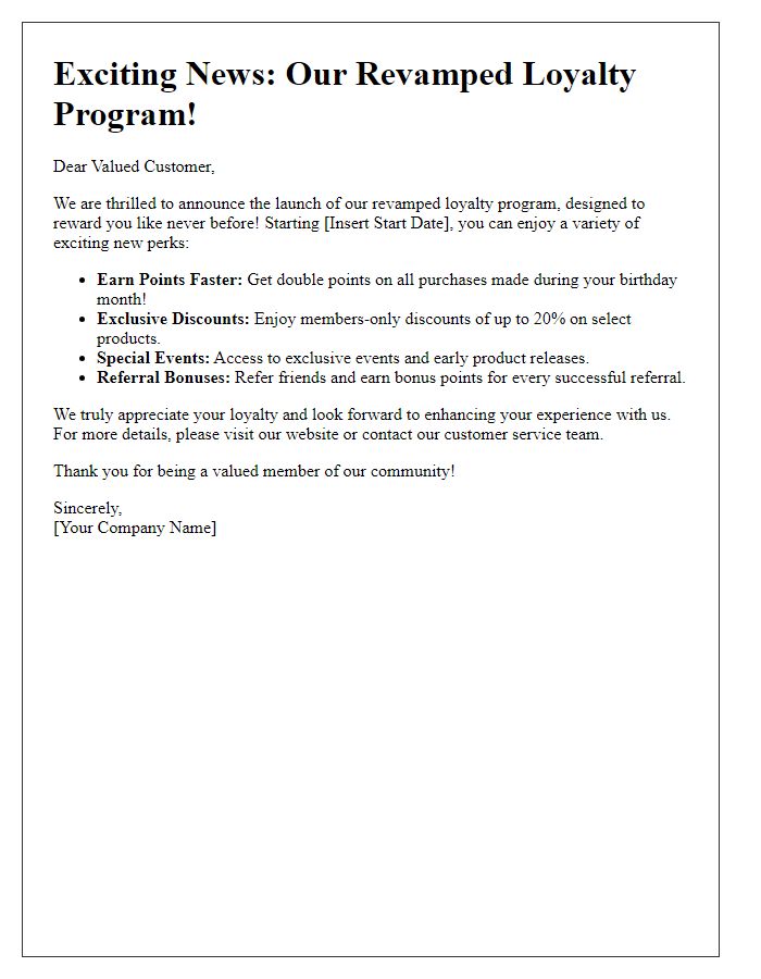 Letter template of revamped loyalty program perks