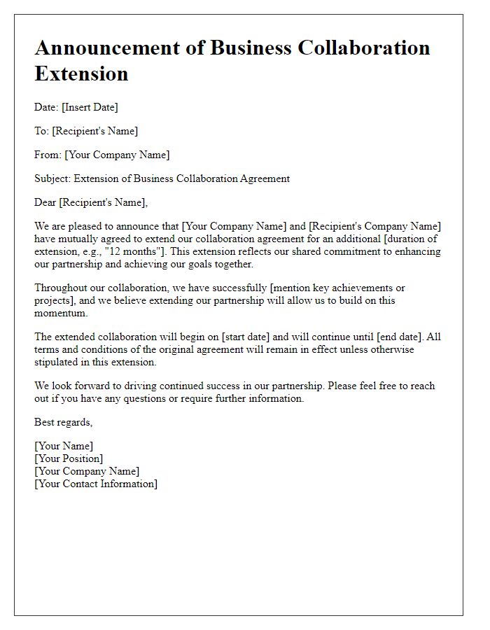 Letter template of business collaboration extension announcement