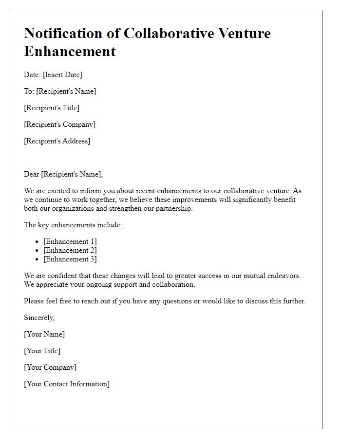 Letter template of collaborative venture enhancement notification