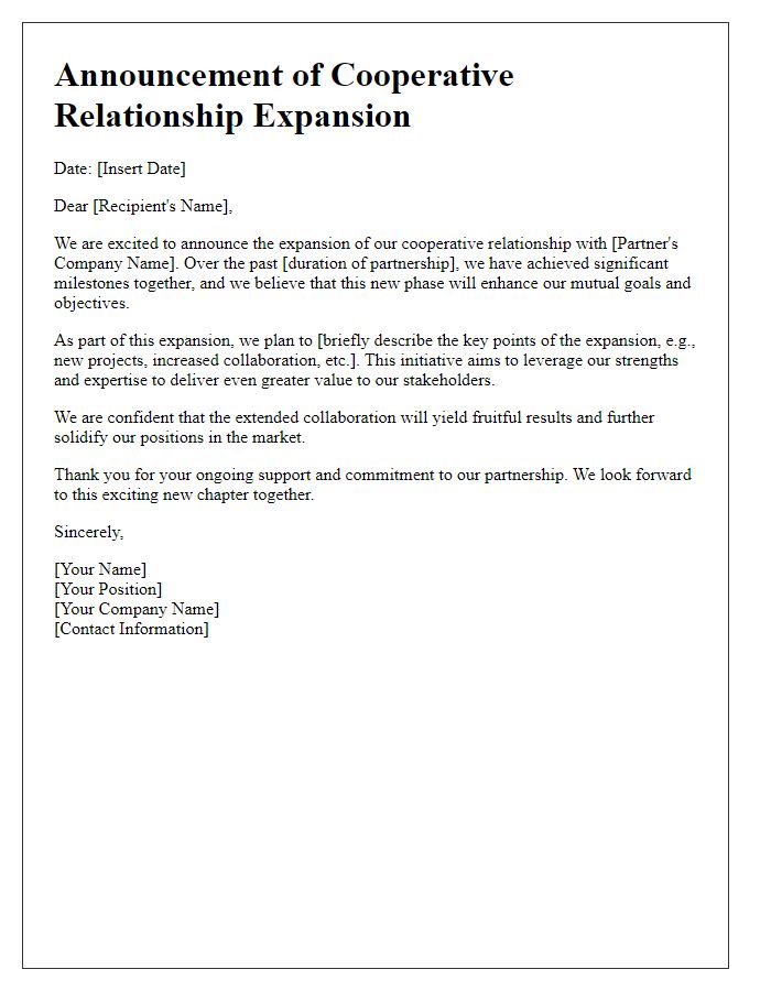 Letter template of cooperative relationship expansion announcement