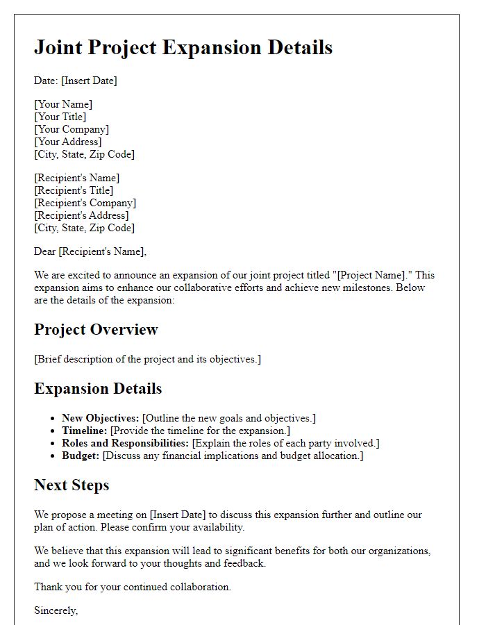 Letter template of joint project expansion details