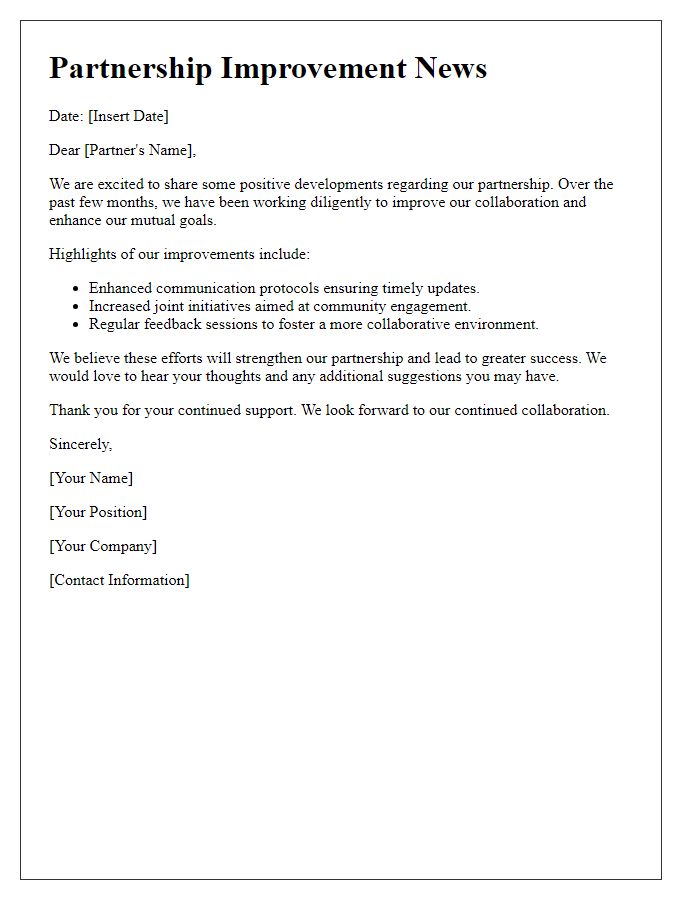 Letter template of partnership improvement news