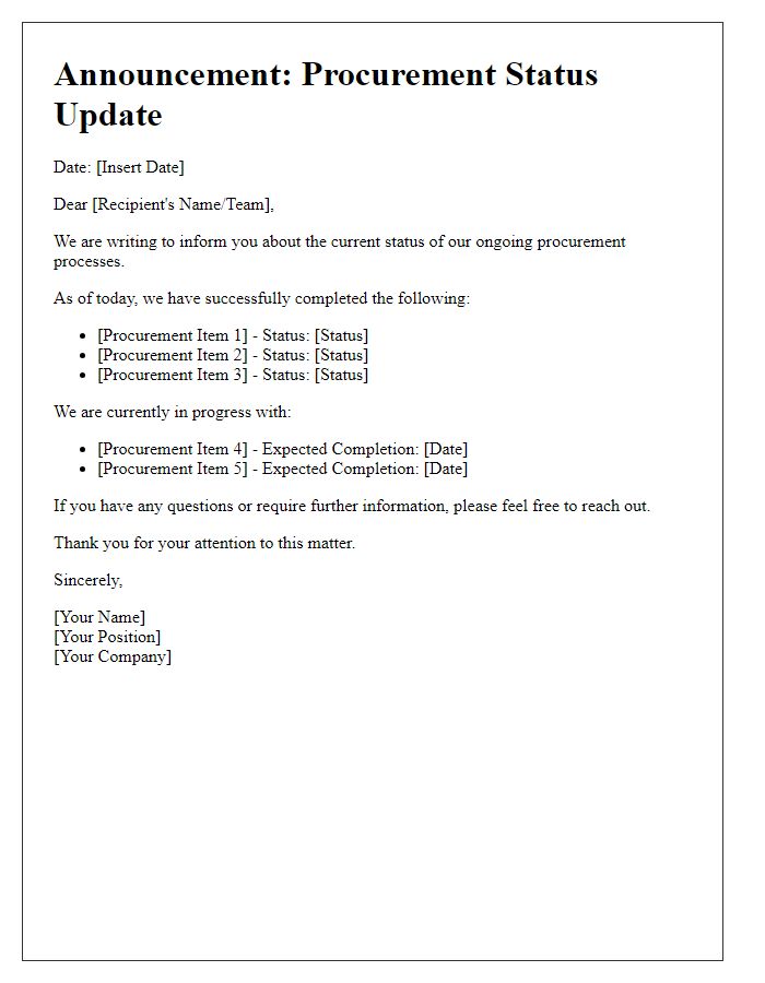 Letter template of announcement regarding procurement status