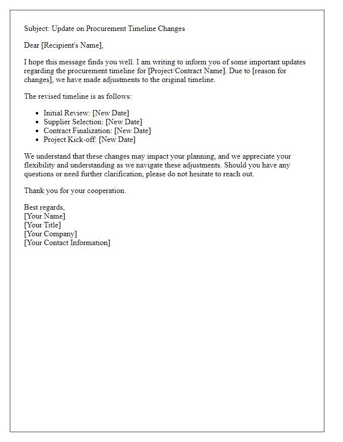 Letter template of communication on procurement timeline changes